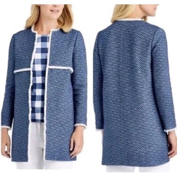 J. McLaughlin Jackets & Blazers - J. McLaughlin Tweed Fringe Trim Mid Length Jacket Coat Blue White Size Lg NWOT